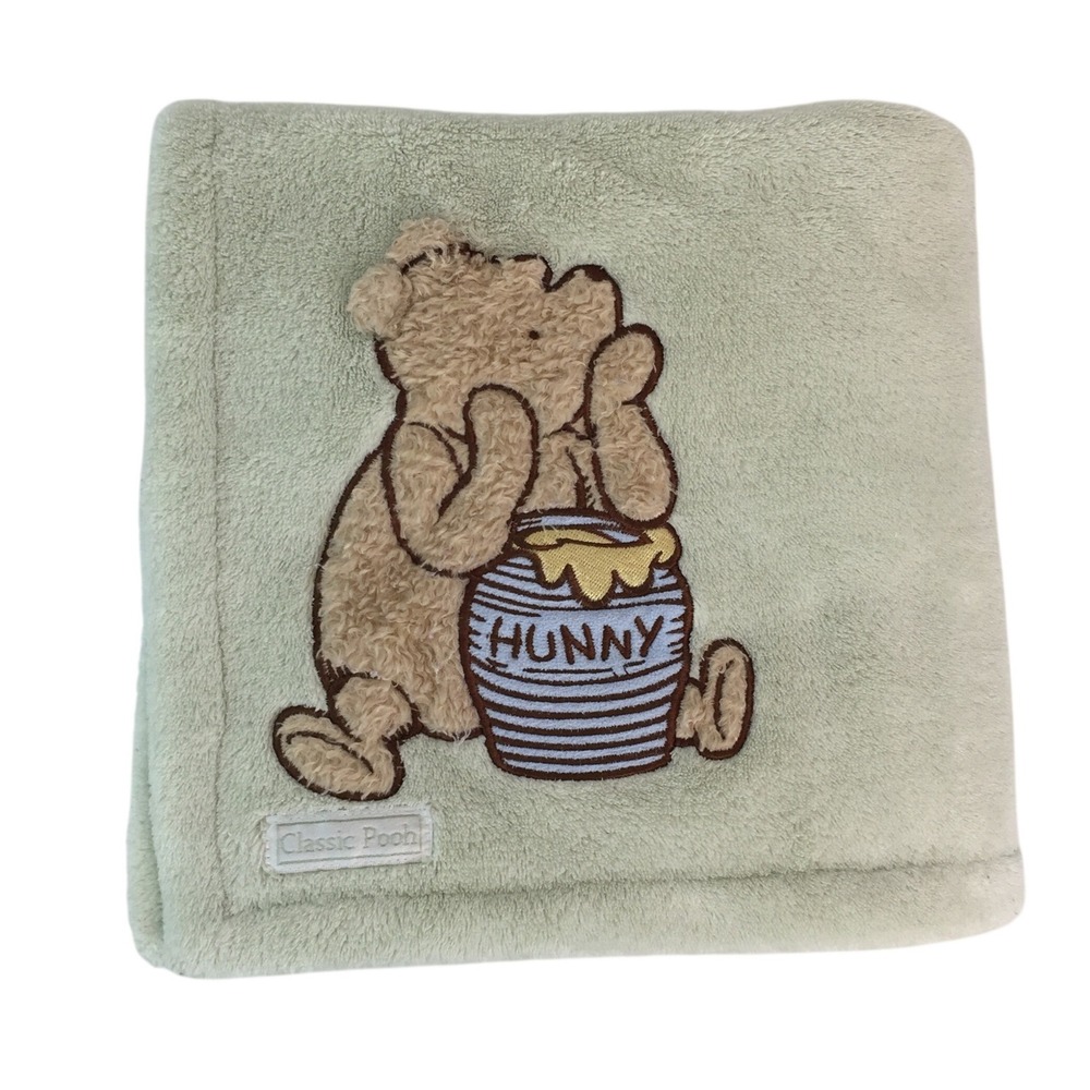 Classic Pooh Baby Blanket 38x28 Inch Sage Green Winnie the Pooh Hunny Pot Fleece